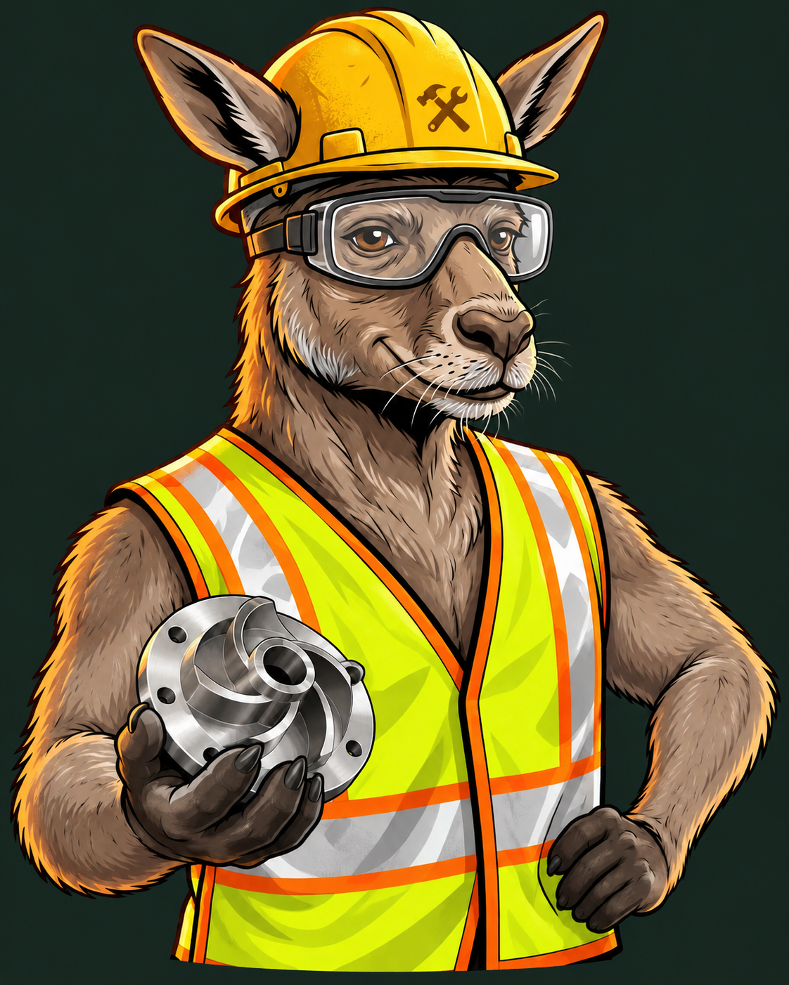 Skippy, a grizzled kangaroo engineer in a hard hat, safety goggles and high-vis vest, holding a metal impeller